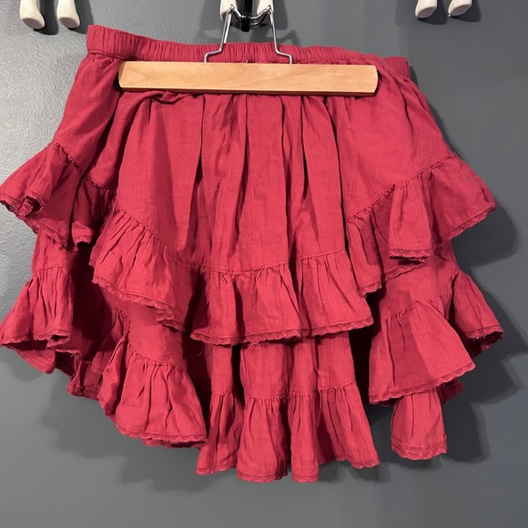 Aerie Red Tiered Ruffle Mini Skirt Elastic Waist Medium Lightweight 100% Cotton - Picture 2 of 8